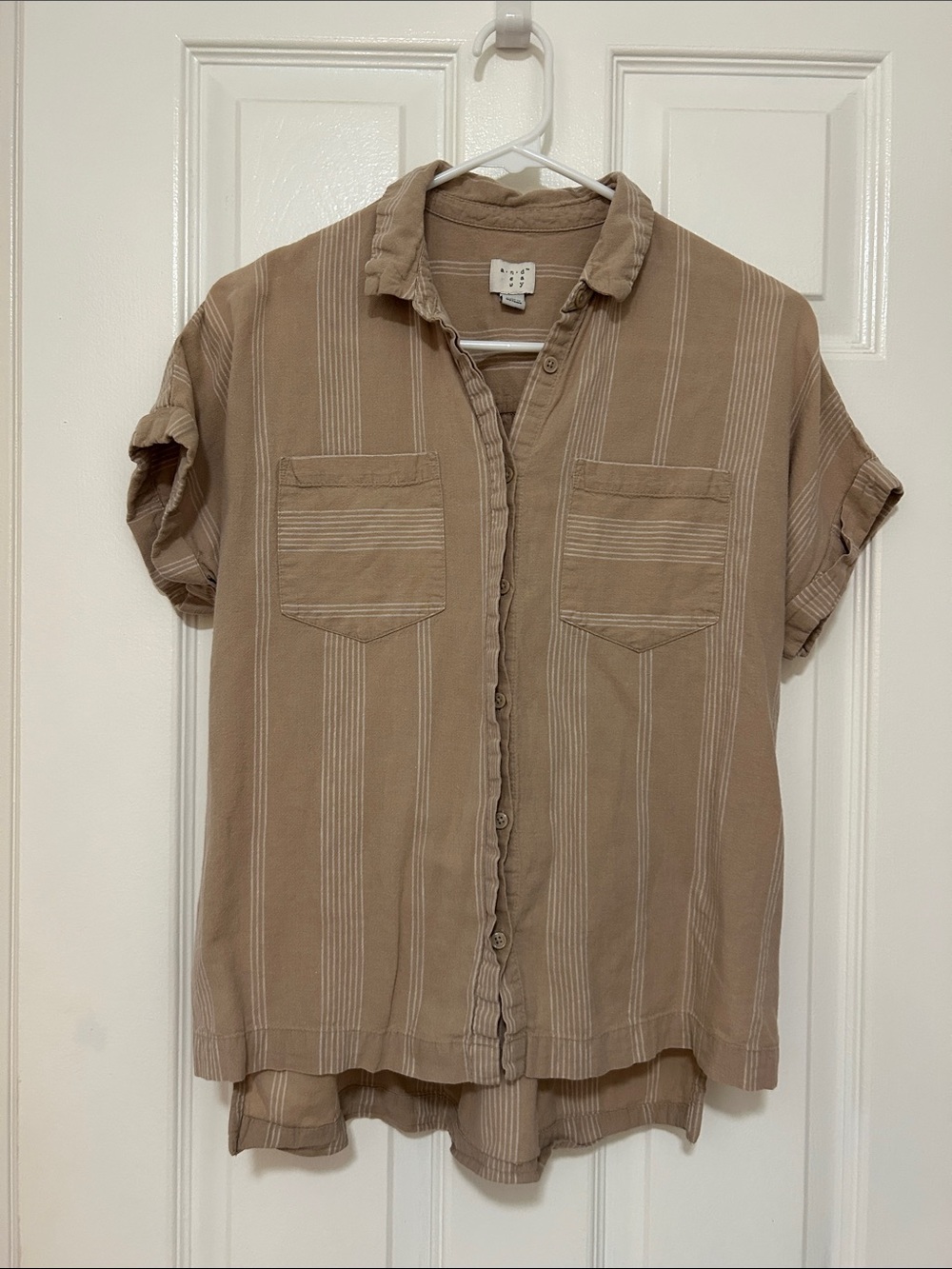 a new day Button-Down Shirt in Taupe with Cream Stripes